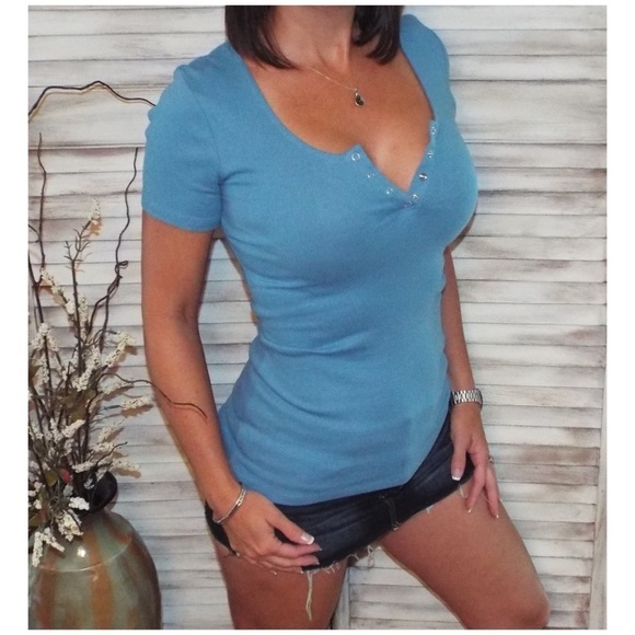 Henley Ribbed Short Sleeve Top Blue 1318 - Picture 4 of 5